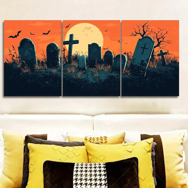 3pcs  Eerie Graveyard Scene with Bats & Full Moon  Metal Print Ready to Hang Art
