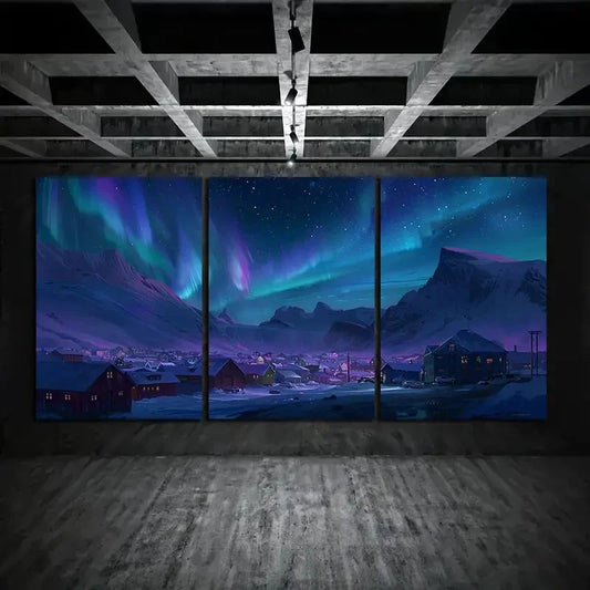 3pcs Northern Lights over Iceland town Metal Print Ready to Hang Art