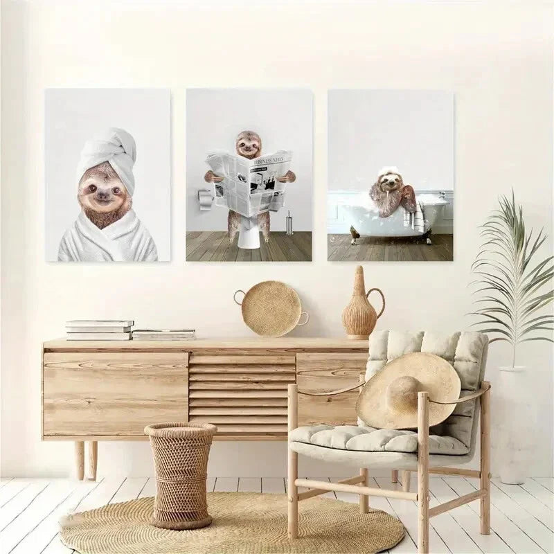 3pcs Sloth Funny Animal Bathroom Metal Print Ready to Hang Art