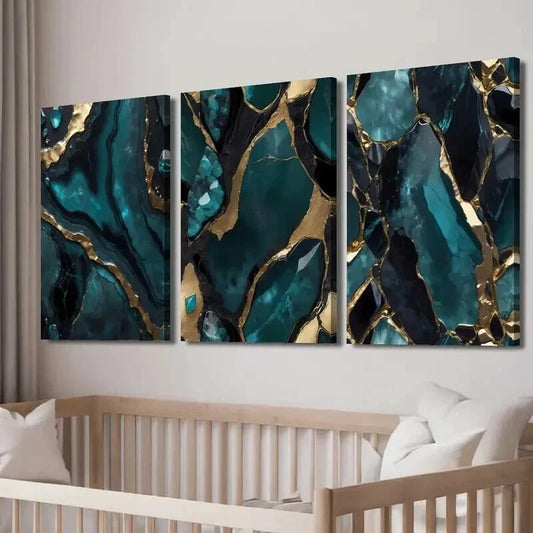 3pcs Stylish Blue & Golden Marble Fluid Decor Wall Art Set Canvas Framed 40x60cm - High Quality Print 100% Australian Made Wall Canvas Ready to Hang