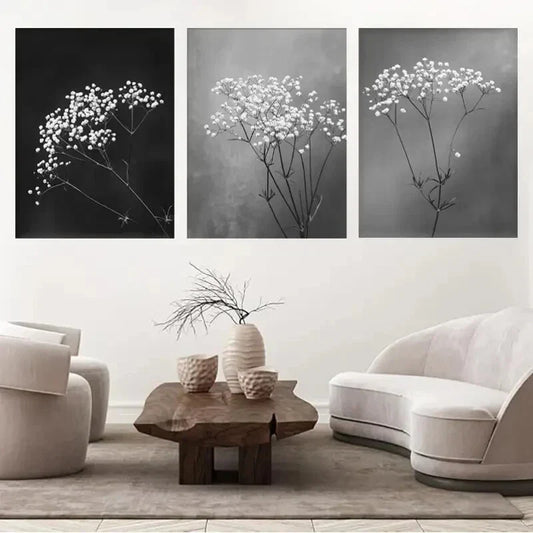 3pcs Monochrome Baby's Breath Floral Canvas Metal Print Ready to Hang Art