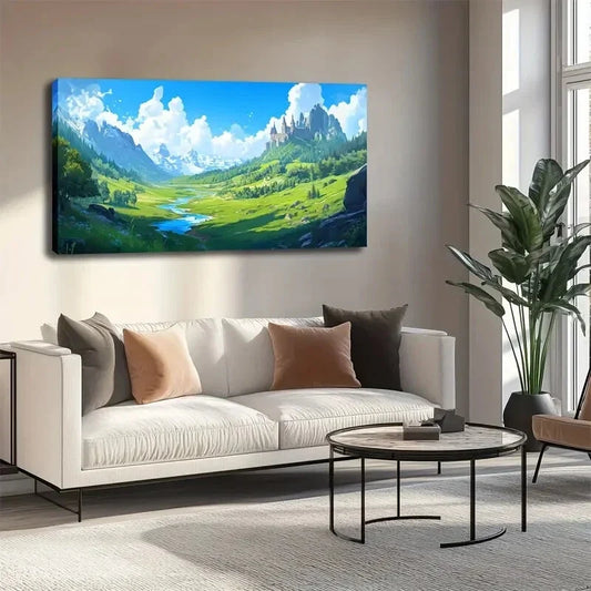 Serene Green Valley & River Wall Art canvas office home room framed 120x60cm