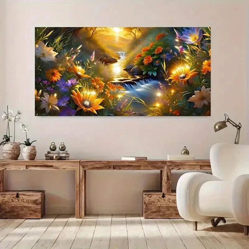 Sunlit Flowers in Forest wall canvas office home room framed 120x60cm