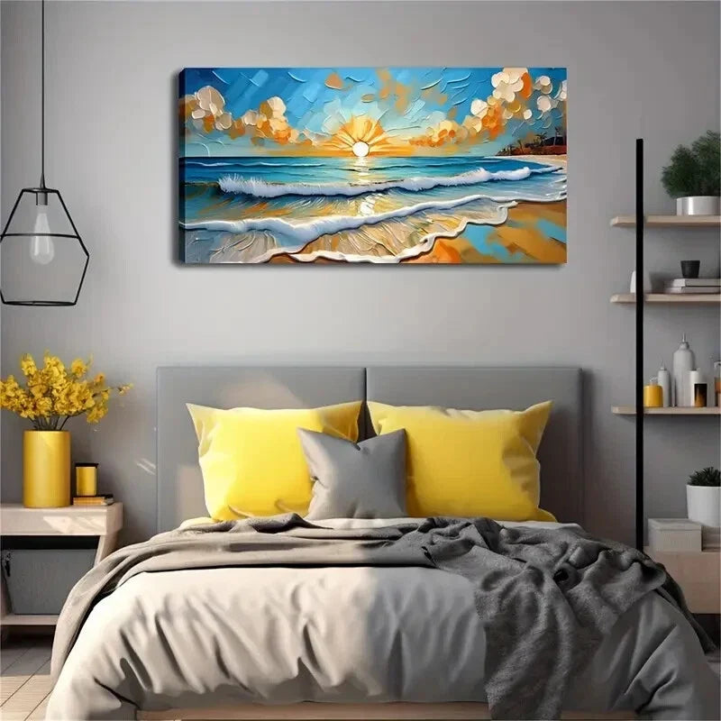 Turquoise Waves Sandy Shoreline Wall Art Canvas Office Home Room Framed 120x60cm