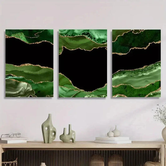 3pcs Dark Green Stone Texture with Golden Accents  Metal Print Ready to Hang Art