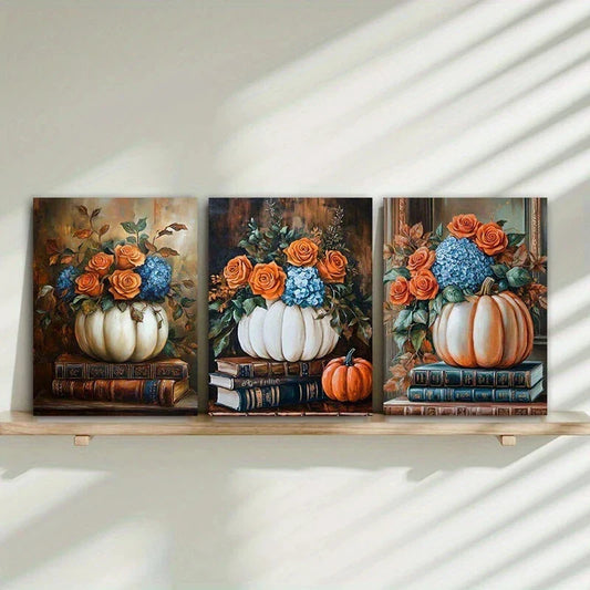 3pcs Pumpkins Flowers Design Colourful Metal Print Ready to Hang Art