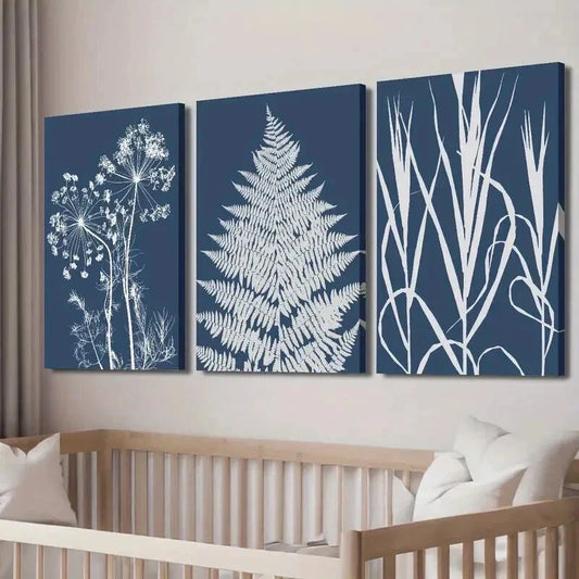 3pcs Blue and White Flowers Ferns & Grass Wall Art Set Canvas Framed 40x60cm - High Quality Print 100% Australian Made Wall Canvas Ready to Hang