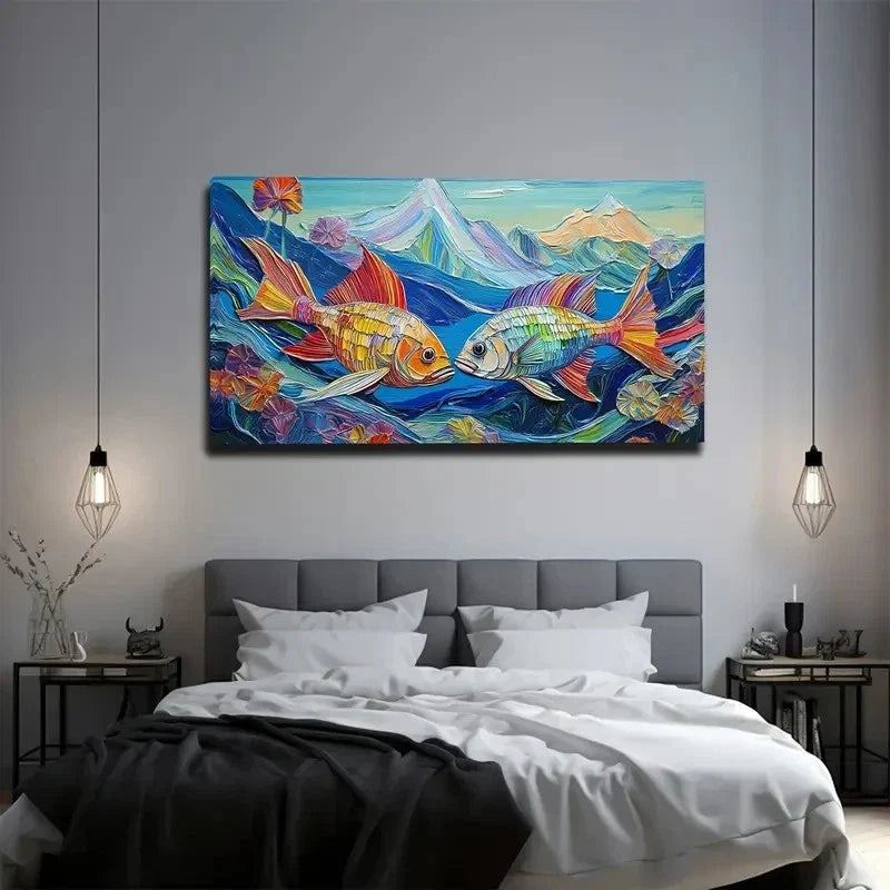Vibrant Two Fish Wall Art Canvas Office Home Room Framed 80x45cm