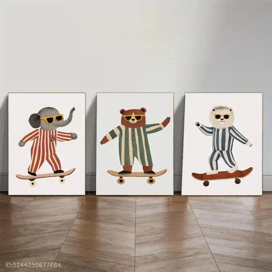 3pcs Elephant Lion And Bear Riding Skateboards Metal Print Ready to Hang Art