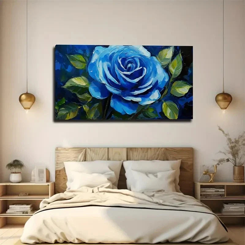 Vibrant Bloom Blue Rose Wall Art Canvas Office Home Room Framed 80x45cm