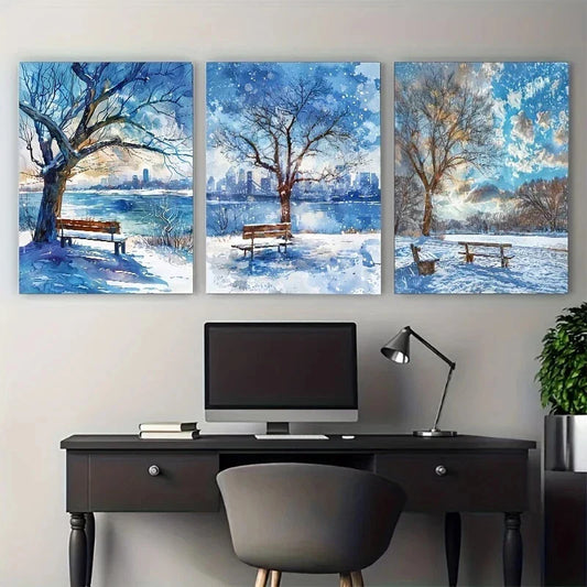 3pcs Abstract Snowy Trees Benches Metal Print Ready to Hang Art