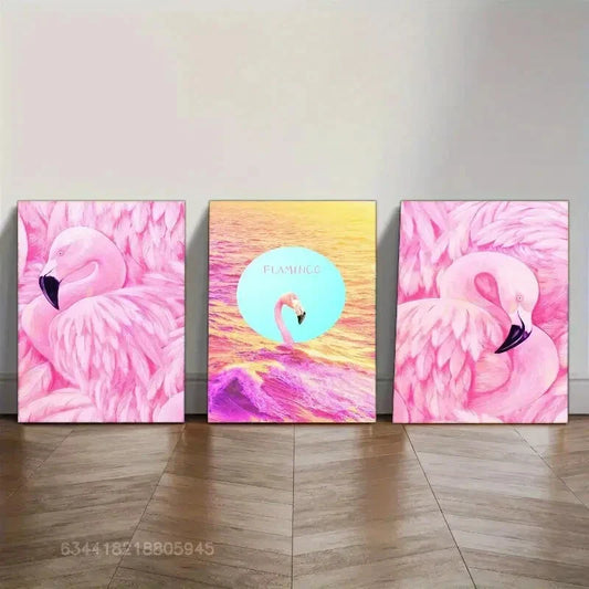 3pcs Vibrant Flamingo Series, Metal Print Ready to Hang Art