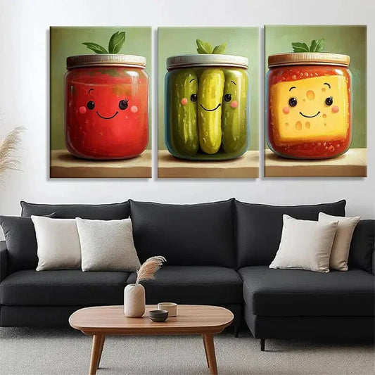 3pcs Cute Food Jar Playful Bright Perfect Wall Art Set Canvas Framed 40x60cm - High Quality Print 100% Australian Made Wall Canvas Ready to Hang