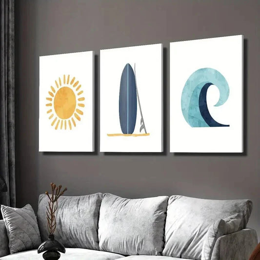 3pcs   orange sun sunshine doodle, blue surfboard Wall Art Set Canvas Framed 40x60cm - High Quality Print 100% Australian Made Wall Canvas Ready to Hang