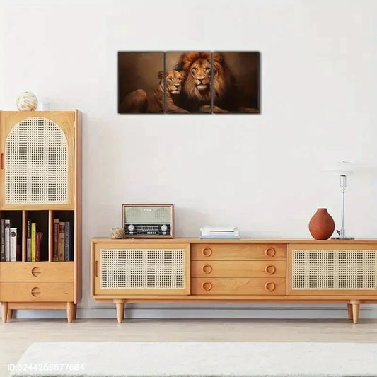 3pcs Lion and Lioness Oil Painting Style Metal Print Ready to Hang Art