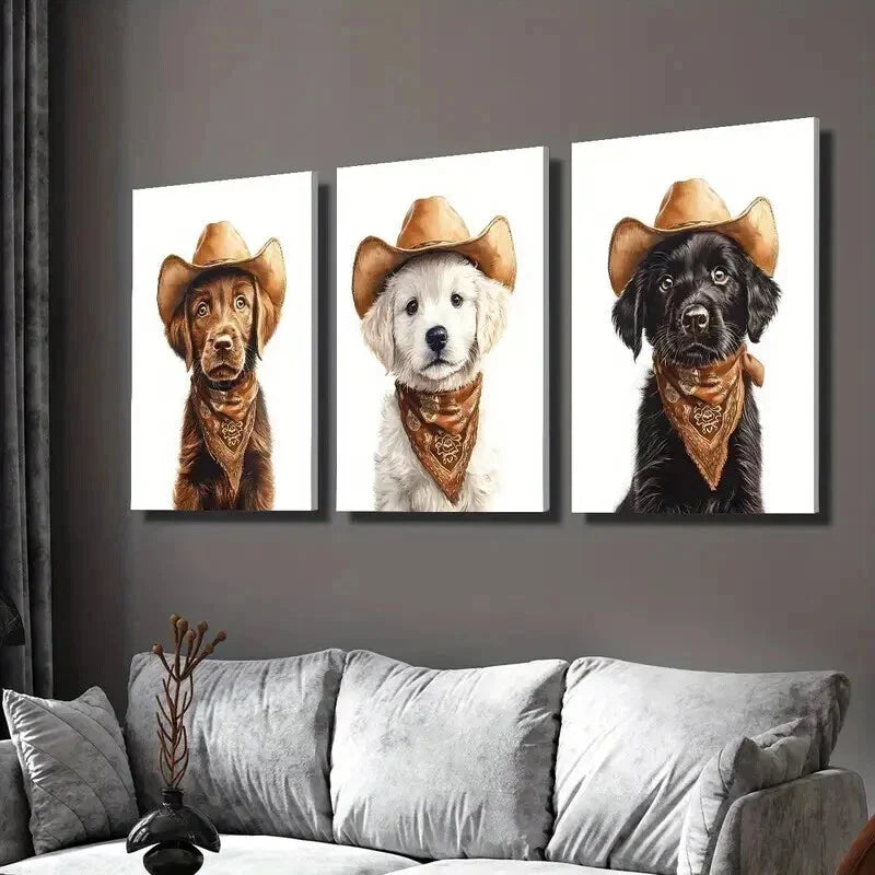3pcs Dog Wearing a Cowboy Hat Decoration Wall Art Set Canvas Framed 40x60cm - High Quality Print 100% Australian Made Wall Canvas Ready to Hang