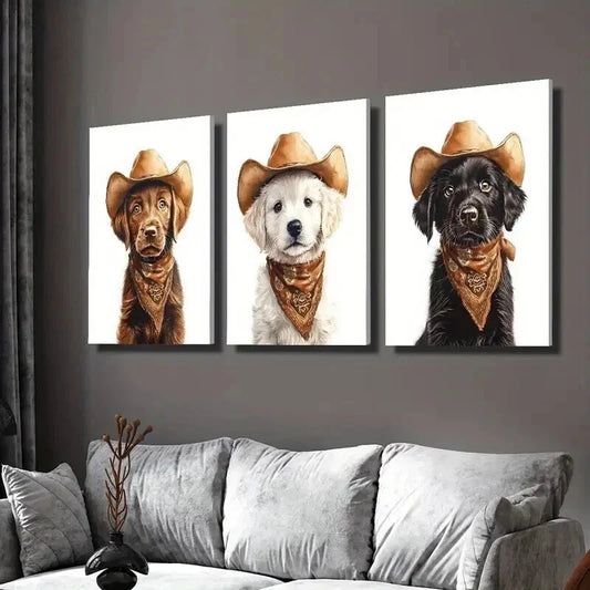 3pcs Dog Wearing a Cowboy Hat Decoration Wall Art Set Canvas Framed 40x60cm - High Quality Print 100% Australian Made Wall Canvas Ready to Hang