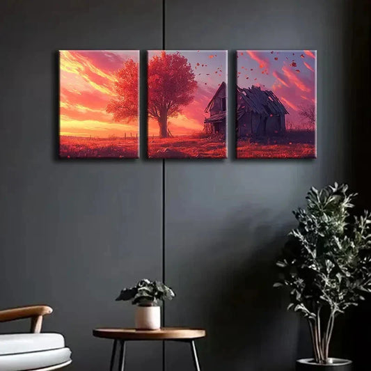 3pcs Rustic Dilapidated House Alone Sky Red Wall Art Set Canvas Framed 40x60cm - High Quality Print 100% Australian Made Wall Canvas Ready to Hang