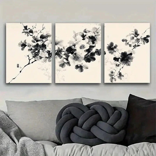3pcs Asian-Inspired Ink-Wash Floral Canvas Metal Print Ready to Hang Art