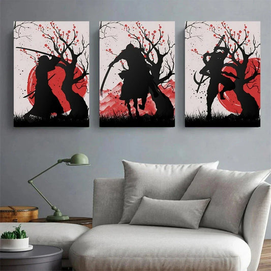3pcs Samurai Cherry Blossom Warrior Metal Print Ready to Hang Art