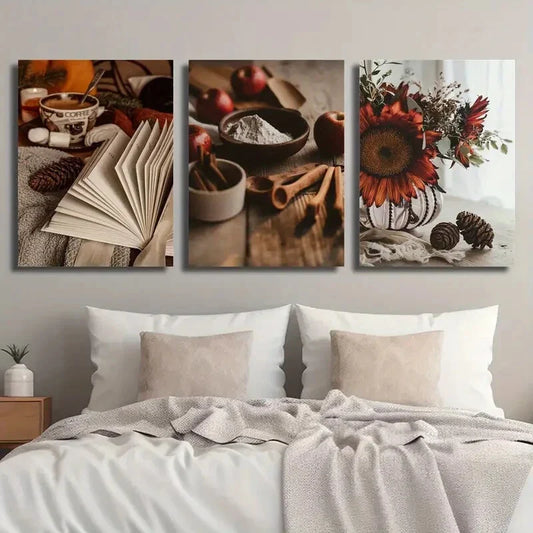 3pcs Open Book Coffee Apples and Cinnamon Sticks Metal Print Ready to Hang Art