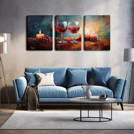 3pcs  Two Glasses Of Red Wine And Candles Wall Art Set Canvas Framed 40x60cm - High Quality Print 100% Australian Made Wall Canvas Ready to Hang