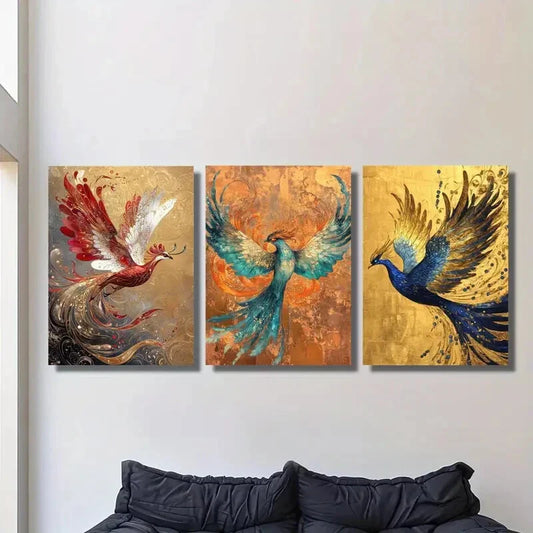 3pcs red, white and gold phoenix, Metal Print Ready to Hang Art