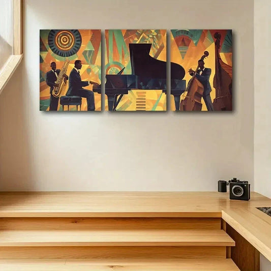 3pcs Jazz Band Performance with Vibrant Geometric Metal Print Ready to Hang Art