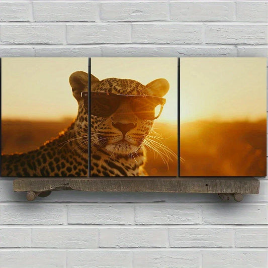 3pcs Cartoon Leopard Sunset Wearing Glass Metal Print Ready to Hang Art