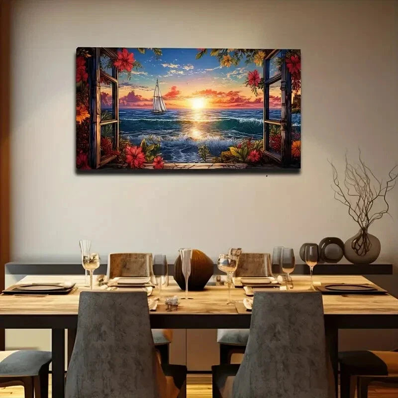 Vibrant Ocean & Sailing Boat Scene Art Canvas Office Home Room Framed 120x60cm