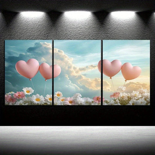 3pcs Heart Shaped Balloons in The Sky Metal Print Ready to Hang Art