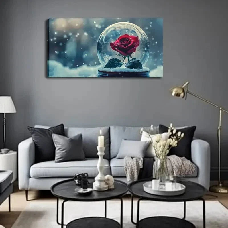 Red Rose in Snow Globe Modern Wall Art Canvas Office Home Room Framed 120x60cm