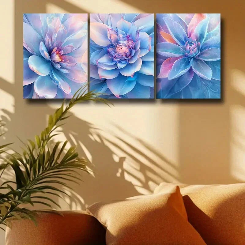 3pcs Luxurious Blue, Pink & Orange Flower Metal Print Ready to Hang Art