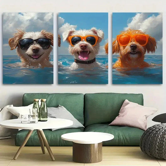 3pcs Cute Dogs Pool Party Summer Beach Metal Print Ready to Hang Art