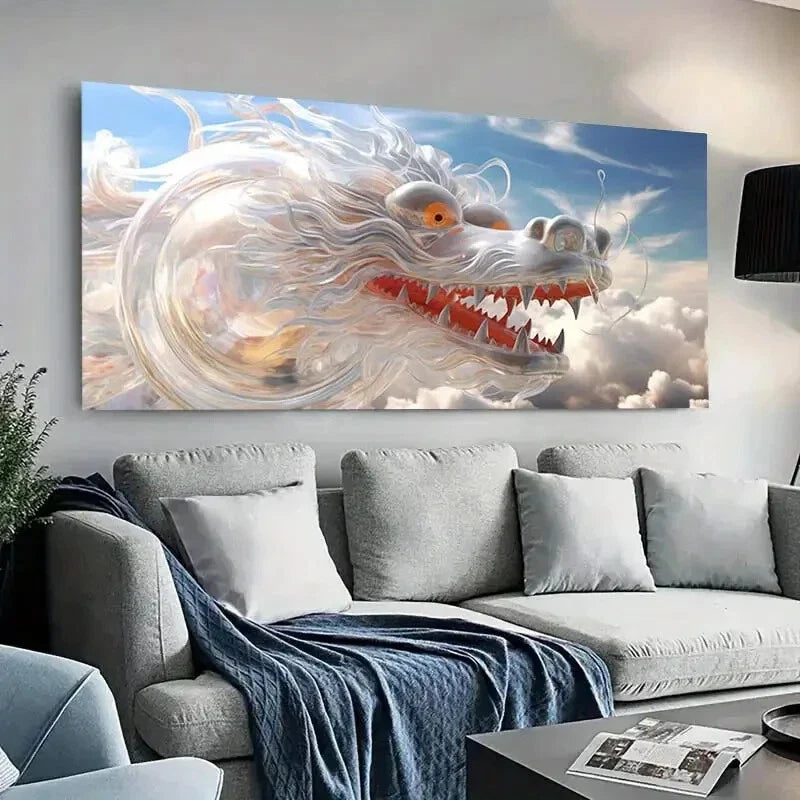 White Dragon Cloudy Sky wall canvas office home room framed 120x60cm