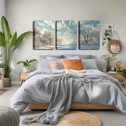 3pcs Winter Woods, White Snow Wall Art Set Canvas Framed 40x60cm - High Quality Print 100% Australian Made Wall Canvas Ready to Hang