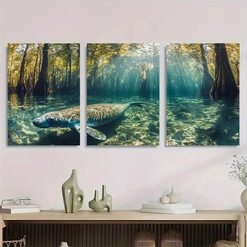 3pcs Manatee The Crystal Clear Waters Metal Print Ready to Hang Art