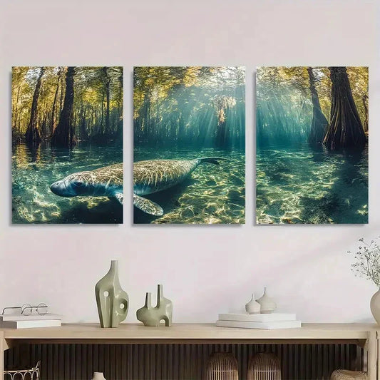 3pcs Manatee The Crystal Clear Waters Metal Print Ready to Hang Art