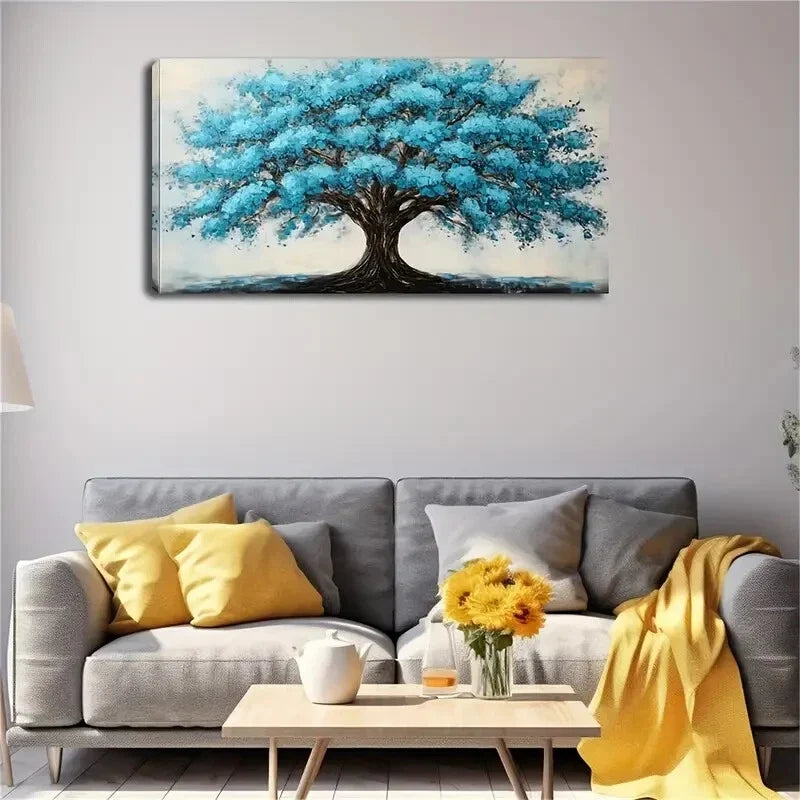 Huge Tree with Blue Leaves Wall Art Canvas Office Home Room Framed 120x60cm