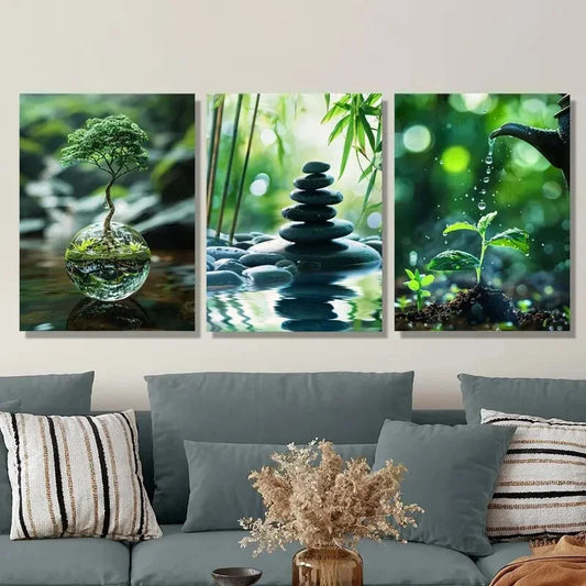 3pcs A Tree in a Water Ball, Bamboo Metal Print Ready to Hang Art