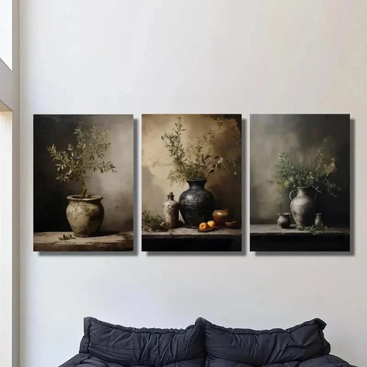 3pcs Vintage Olive Plants Vase and Wild Flowers Metal Print Ready to Hang Art