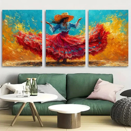 3pcs Colorful Cultural Mexican Dancer Metal Print Ready to Hang Art