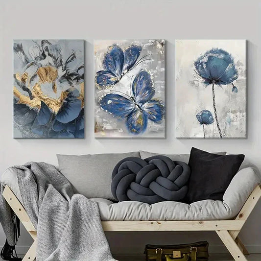 3pcs Blue Floral and Butterfly Metal Print Ready to Hang Art