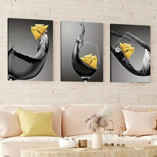 3pcs Abstract Black & Yellow Accents Wine Glass Wall Art Set Canvas Framed 40x60cm - High Quality Print 100% Australian Made Wall Canvas Ready to Hang