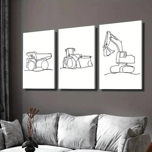 3pcs Road Roller Excavator & Dump Truck Wall Art Set Canvas Framed 40x60cm - High Quality Print 100% Australian Made Wall Canvas Ready to Hang