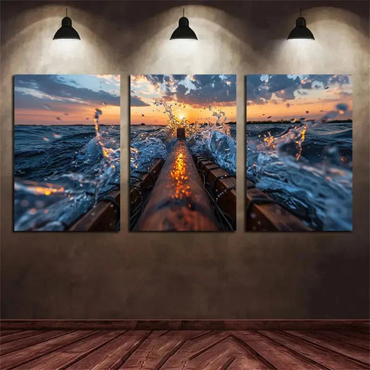 3pcs Dynamic Water Splash Vibrant Sunset Metal Print Ready to Hang Art