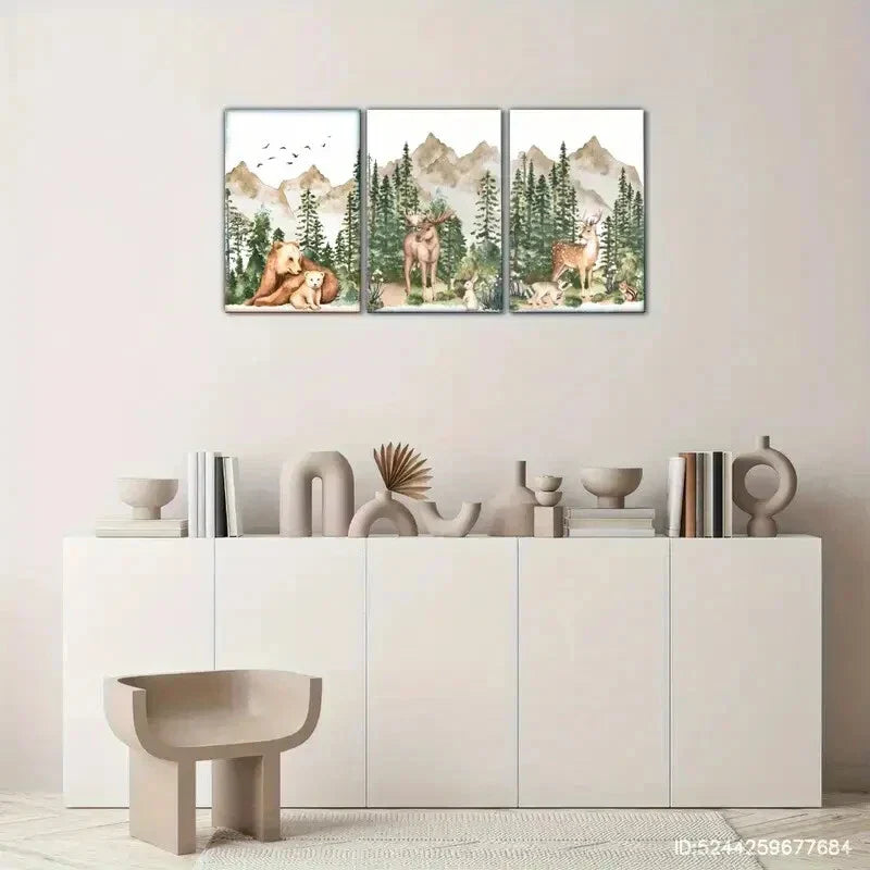 3pcs Forest Scene with Bears Deer Mountains Metal Print Ready to Hang Art