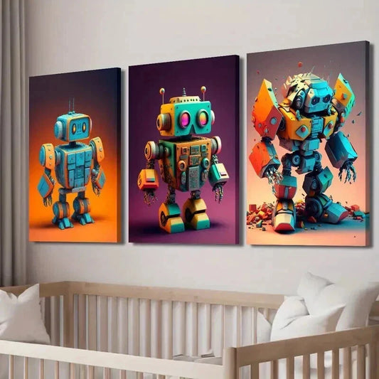 3pcs Blue & Orange Toy Robots Decor Wall Art Set Canvas Framed 40x60cm - High Quality Print 100% Australian Made Wall Canvas Ready to Hang