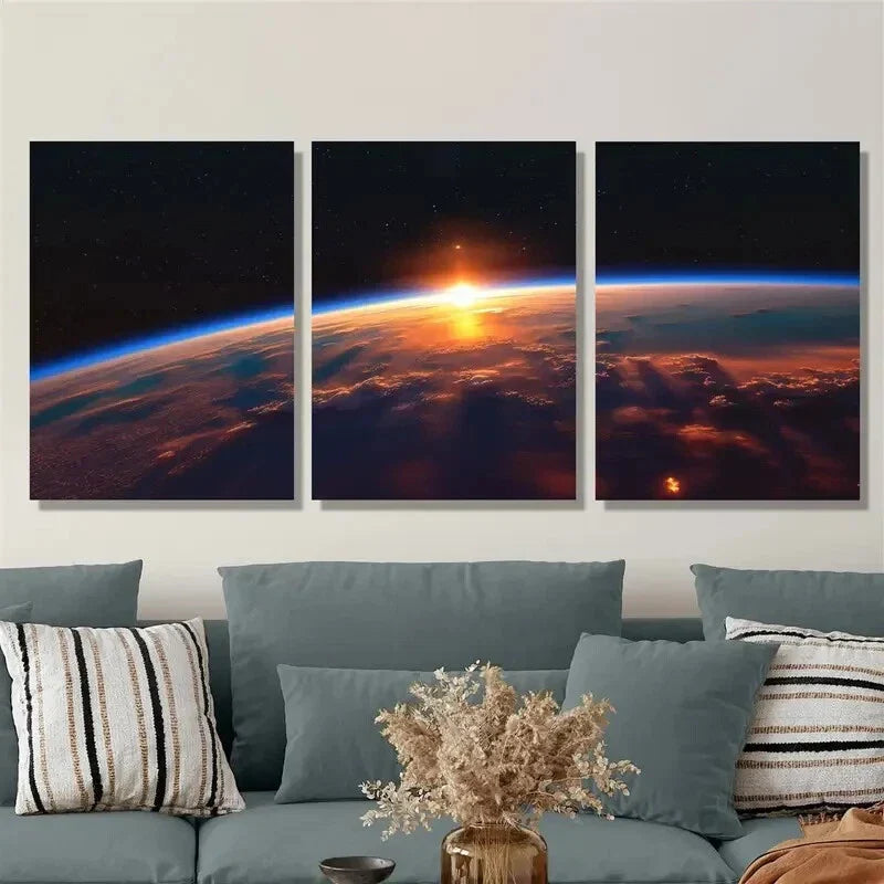 3pcs Sunrise on earth, cosmic space art Metal Print Ready to Hang Art