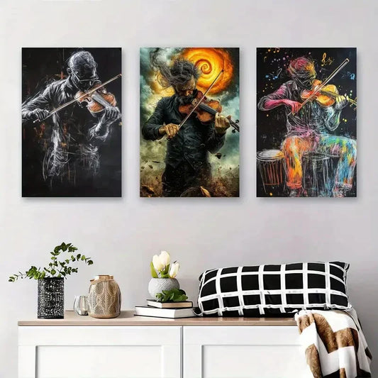 3pcs Colorful, Vibrant Musician Violinist Metal Print Ready to Hang Art